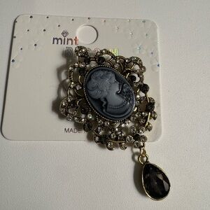 New MINT Cameo brooch with gem dangle- greys